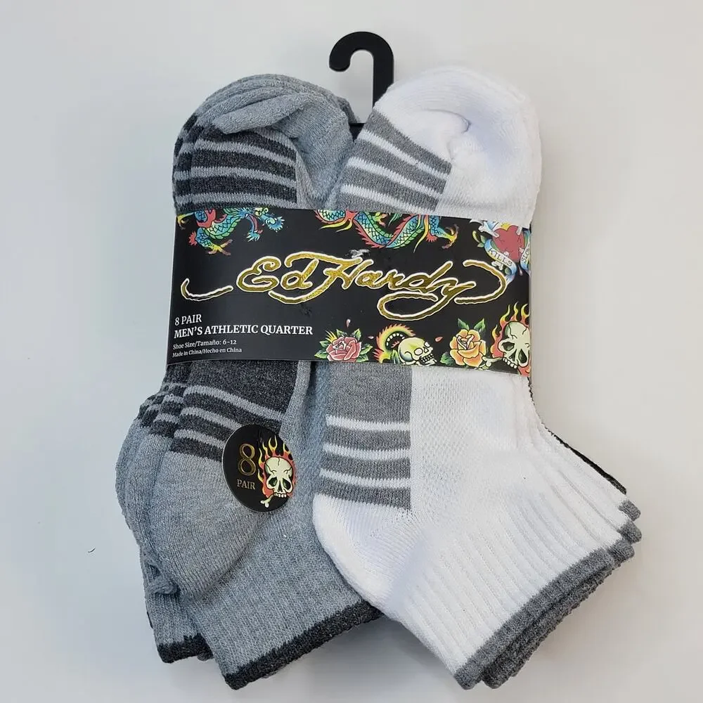 Ed Hardy 8 Pair Mens Shocks Multicolor Spell Out Arch Support Moisture Wicking